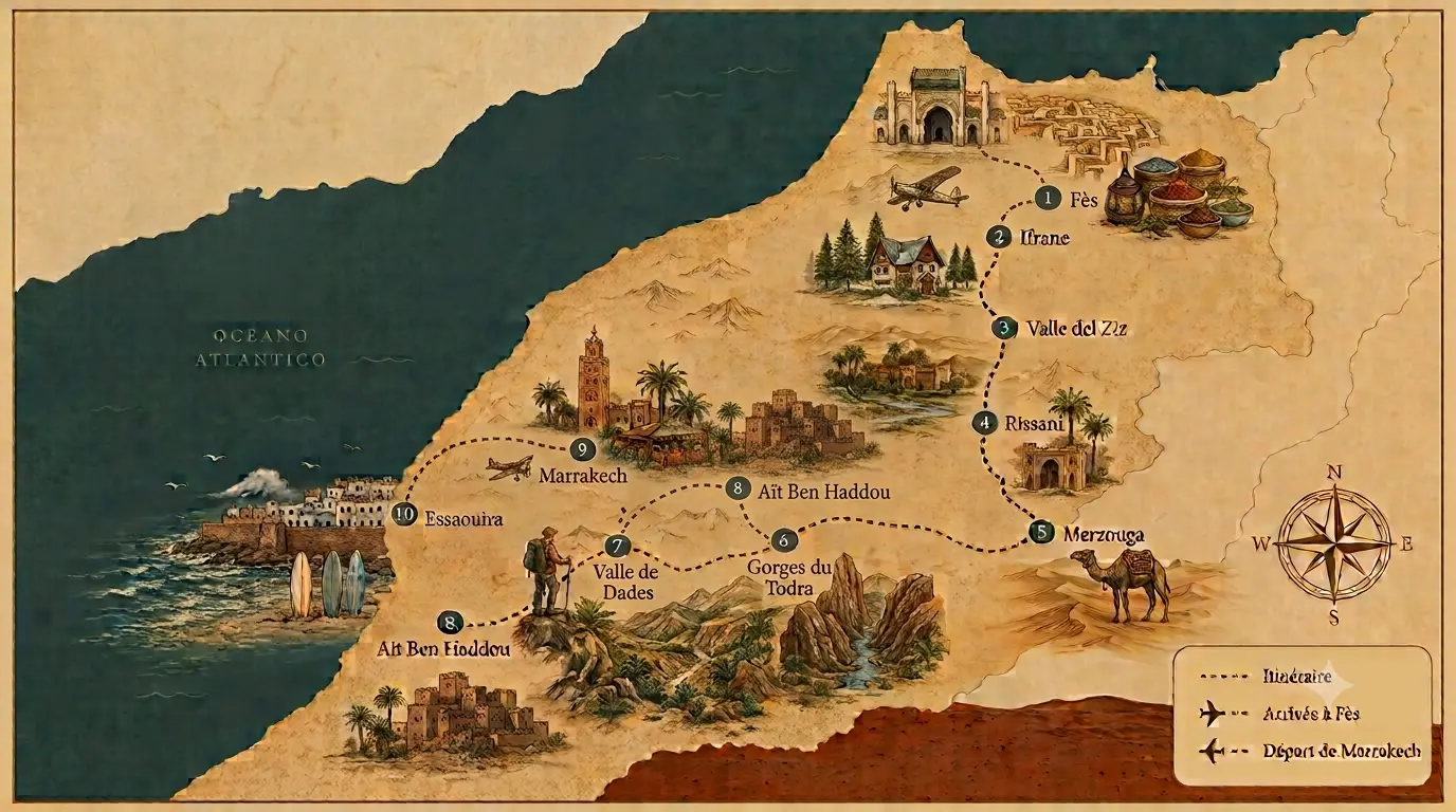 Carte illustrée du circuit désert Fès Marrakech en 7 jours : itinéraire de Fès à Ifrane, la vallée du Ziz, Rissani, Merzouga, les gorges du Todra, la vallée du Dadès, Aït Ben Haddou, Marrakech et Essaouira, avec arrivée à Fès et départ de Marrakech