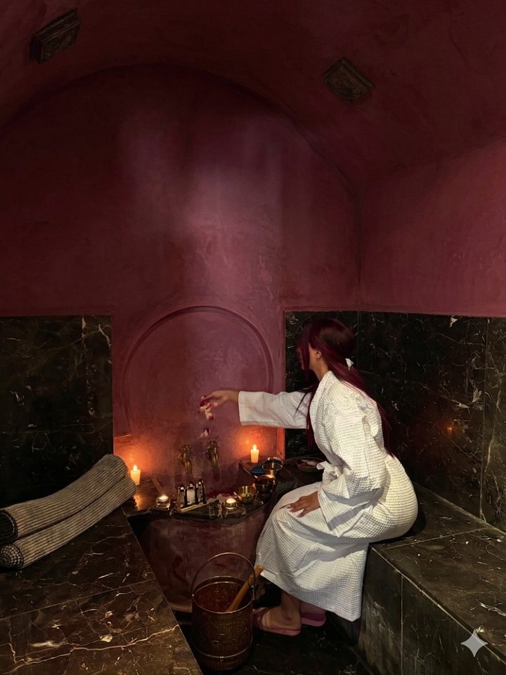 hammam privatif aux bougies avec tadelakt bordeaux au Riad Vendôme & Spa Marrakech