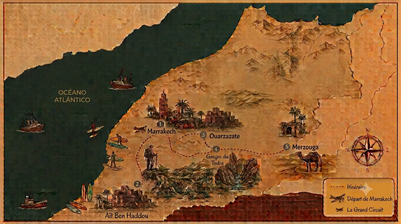 Carte illustrée du circuit désert de Marrakech à Merzouga : itinéraire par Aït Ben Haddou, Ouarzazate, les gorges du Todra et les dunes de l'erg Chebbi à Merzouga, départ et retour Marrakech
